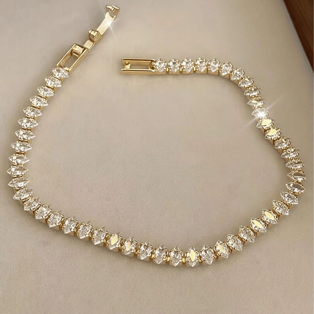 Marquise Cut Zirconia Crystal Gold Tennis Bracelet Clear Gemstone 2.5mm Elegant